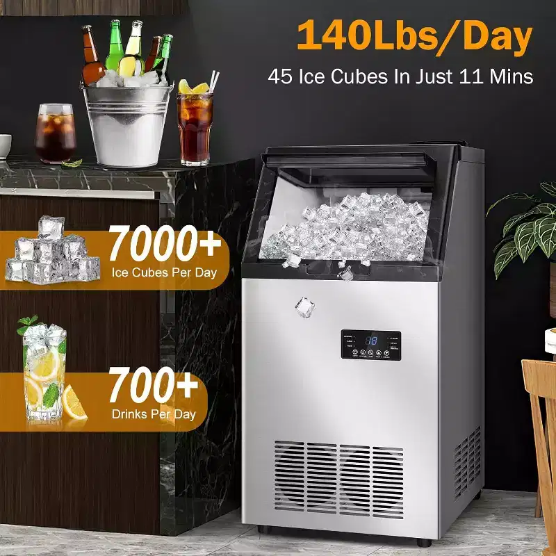 Hooure 15inch Commercial Ice Maker Machine, 140Lbs/24 with 2 Water Inlet Modes, 45Pcs Ice Cubes 8 Mins