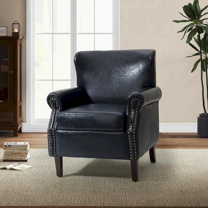 Transitional Leather Armchair with Nailhead Trim Rolled Arms