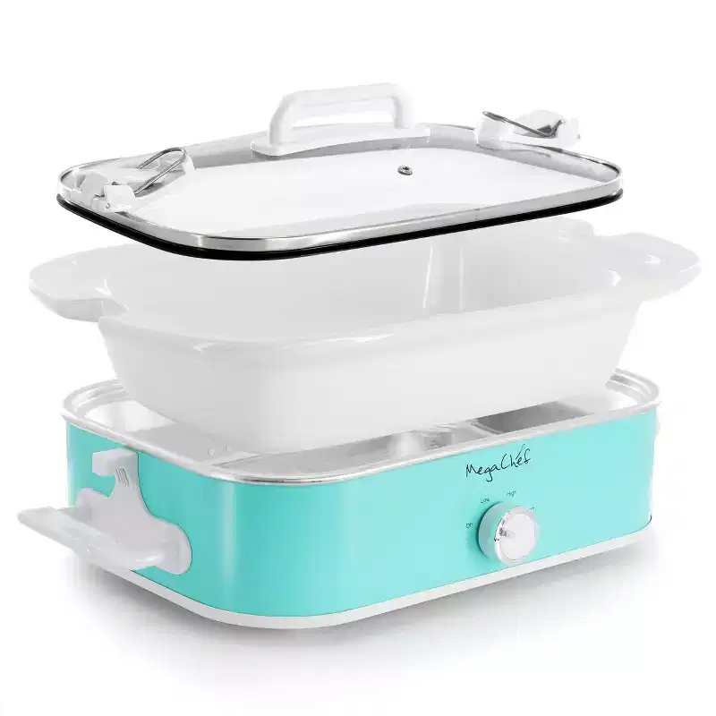 MegaChef 3.5 Quart Casserole Slow Cooker with 3 Temperature Settings: Turquoise Stoneware, Dishwasher-Safe, Locking Lid