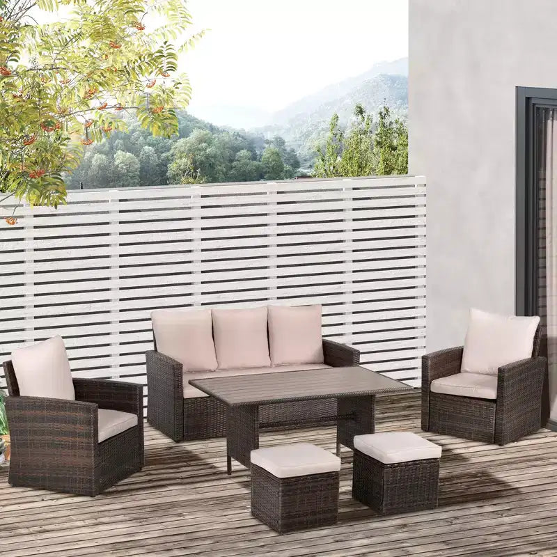 Outsunny 6 PCS Patio Dining Set All Weather Rattan Wicker Furniture Set with Wood Grain Top Table and Soft Cushions