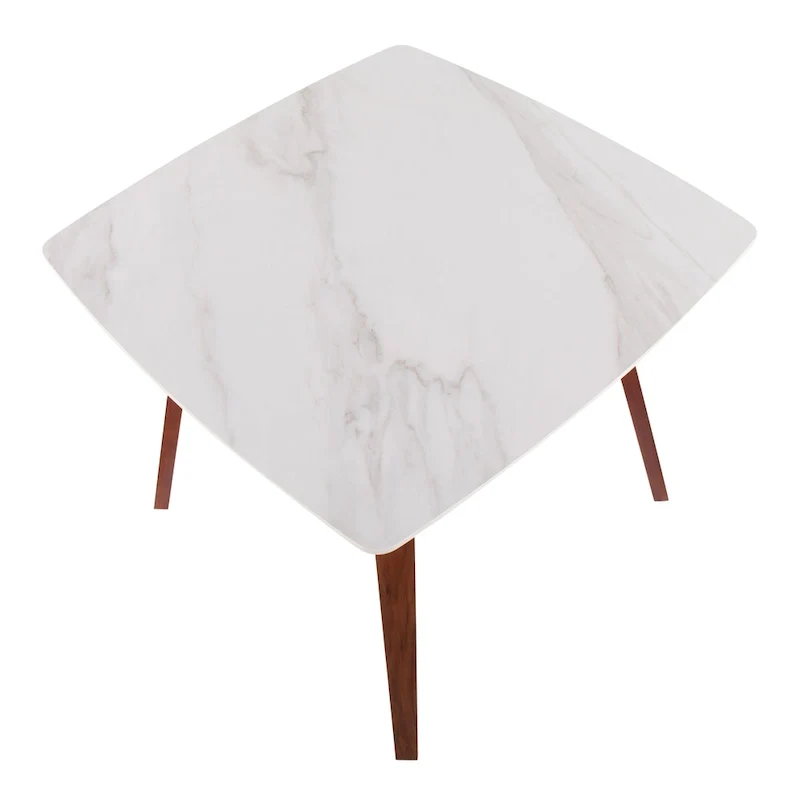 Square Marble Top Dining Table with Splayed Walnut Wood Legs
