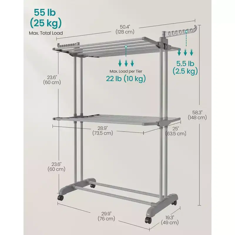3-Tier Foldable Laundry Drying Rack, 58.3-Inch Tall with Wheels, 55lb Capacity, Rolling Clothes Horses, Indoor Outdoor Use, Dove Gray