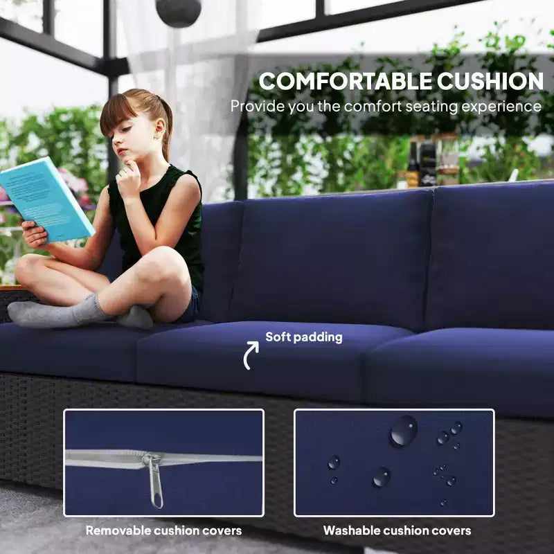 3-Seat Outdoor Patio Sofa with Cushions, PE Rattan Wicker Sofa with Wide Armrests, Outdoor Wicker Couch