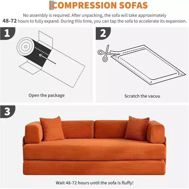 Convertible Couch, Folding Sofa Bed with 2 Pillows, Plush Corduroy Boneless Convertible Sofa, No Assembly Required for Living Room, Bedroom