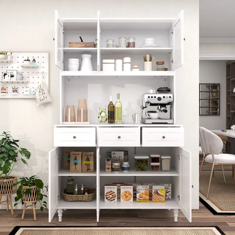 Tall kitchen food storage cabinet with LED lights and