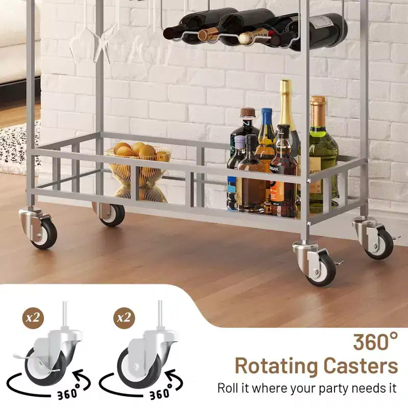 COZONY 2 Tier Bar Cart with Wine Rack and Glass Holder, Mirrored Mobile Serving Cart with Wheels for Kitchen Living Room