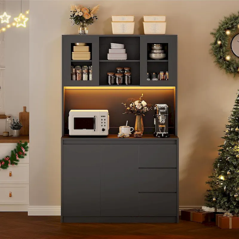 Tall Storage Cabinet with Countertop and LED Lights