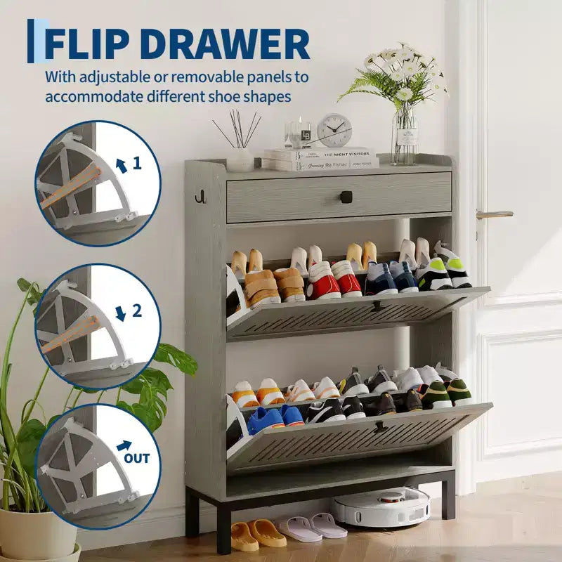 Shoe Storage Cabinet with 2 Flip Drawer, Shoes Organizer with with Top Drawer, Adjustable Shoe Rack