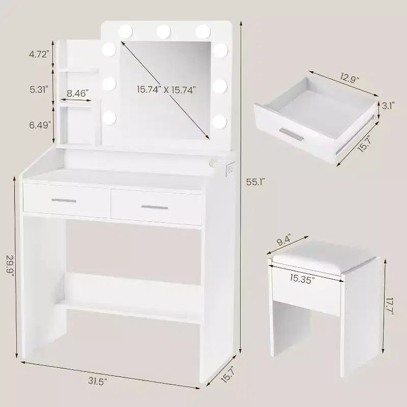 Vanity Desk with Mirror, Makeup Vanity with Cushioned Stool, 3 Lighting Modes Adjustable Brightness