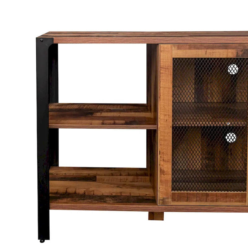 80-Inch Industrial TV Stand – Espresso / Walnut / White, Wood & Metal, Open Shelving with Mesh Door
