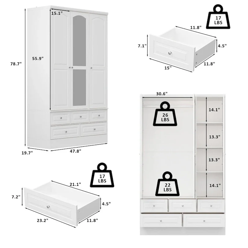 Modular Majesty Double Wardrobe Mirror-Front Storage Closet Armoires
