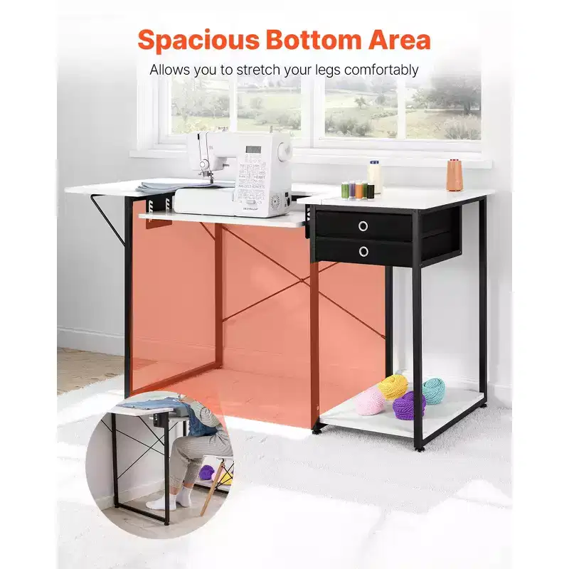 Multipurpose Sewing Machine Table with Drawers, Foldable Side Shelf, Adjustable Shelf, Steel Legs, White