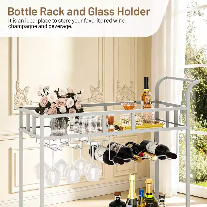COZONY 2 Tier Bar Cart with Wine Rack and Glass Holder, Mirrored Mobile Serving Cart with Wheels for Kitchen Living Room