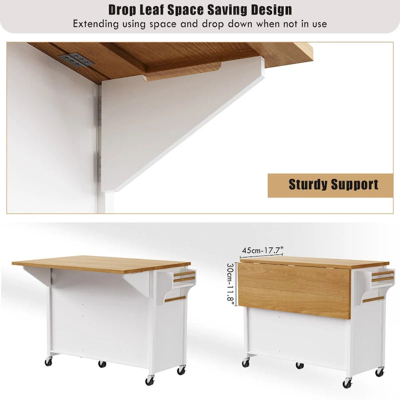 White Drop Leaf Kitchen Island Cart for 1–2 Person, No Stool