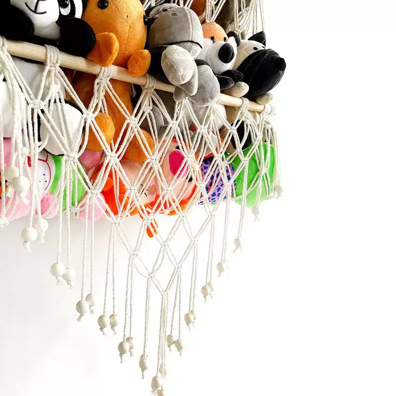 Stuffed Animal Storage Hammock Toy Hammock Net 2-layer Wood Plush Toys Holder Hanging Toy Organizer Wall Hanging Mesh Net for Nursery Play Room