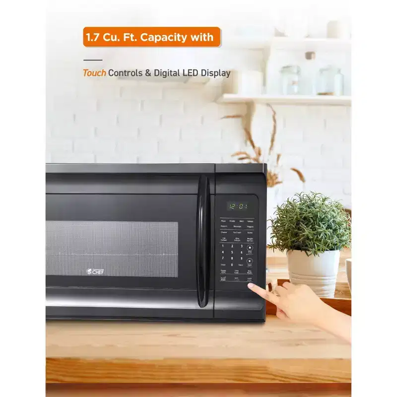 Commercial Chef 1.7 Cu. Ft. Over-The-Range Microwave Oven, 10 Power Levels, 300 CFM Hidden Vent Hood Fan, Touch Controls, 10 Preset Options, Black