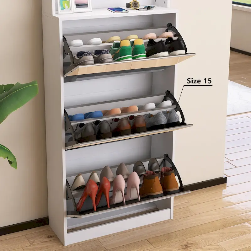 White Flip-Down Shoe Cabinet with Mirror Hooks Hanger Rod Tabletop Entryway Storage