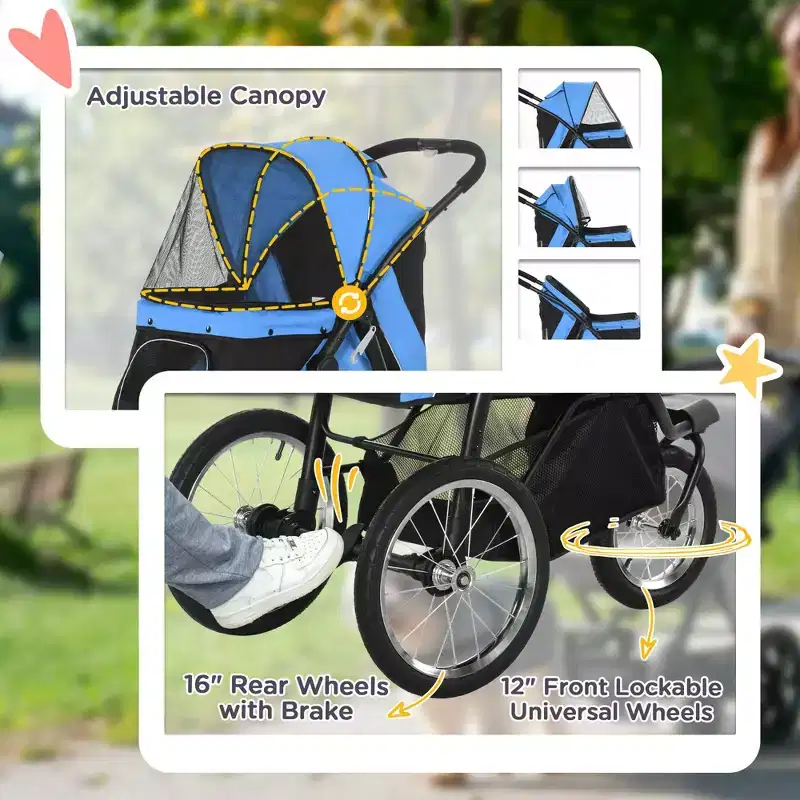 Pet Stroller for Small Dogs and Medium Dogs with Adjustable Canopy, Safety Tether, Storage Basket