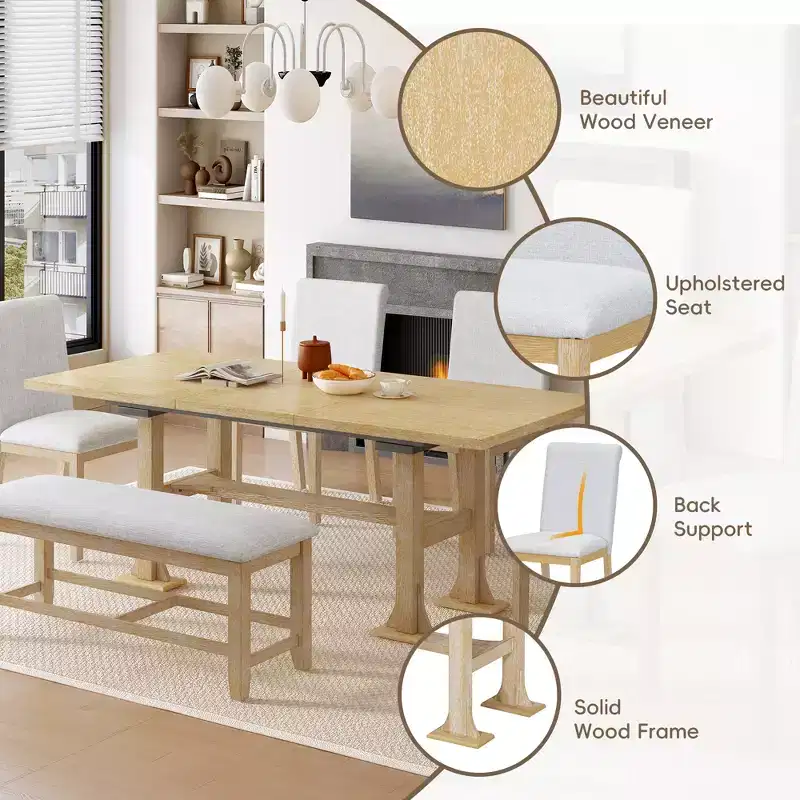 6 Pieces Dining Table Set with Bench for 6, Kitchen Table Set with Storage Drawer and 4 Upholstered Dining Chairs