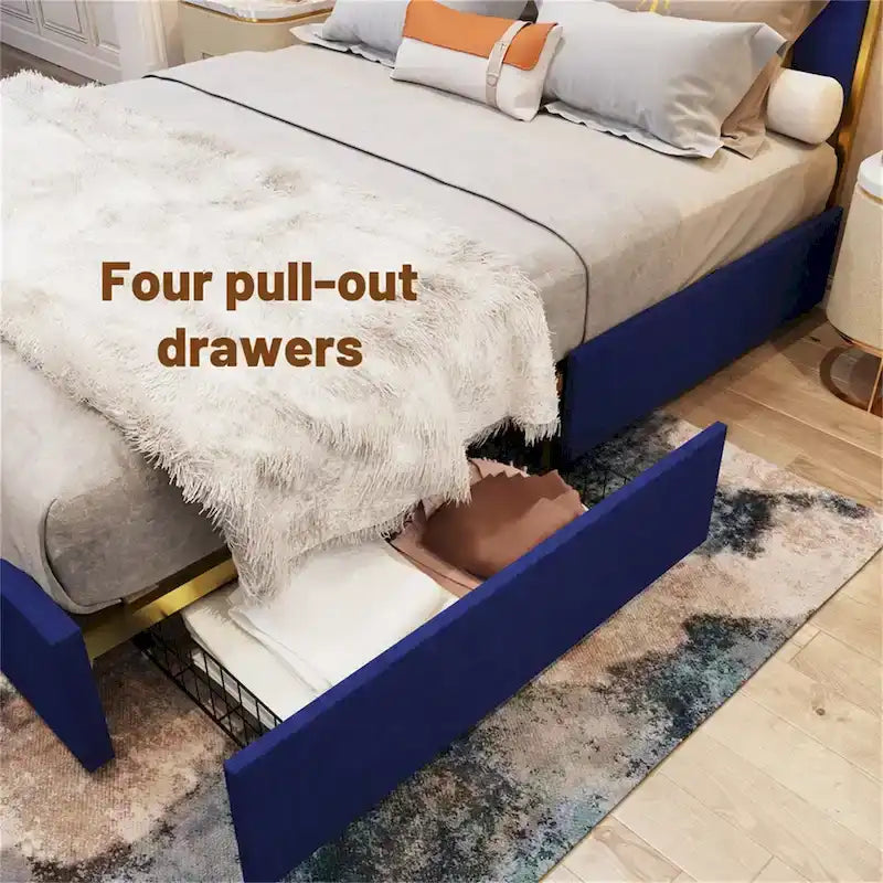 Queen Velvet Platform Bed – Gold + Creamy White / Black / Blue, Channel Headboard, 4 Storage Drawers, Sleeps 1