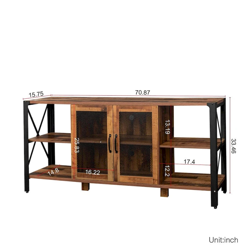 80-Inch Industrial TV Stand – Espresso / Walnut / White, Wood & Metal, Open Shelving with Mesh Door