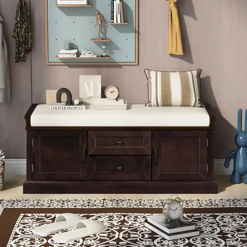 Storage Shoes Bench with 2 Drawers, 2 Cabinets and Removable Cushion