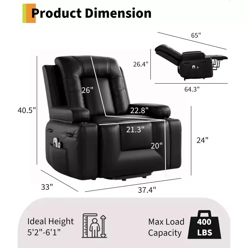 Oversized Power Lift Recliner Chair with Heat & Massage, Faux PU Leather Electric Lift Recliner for Elderly, Single Sofa Seat with Cup Holder