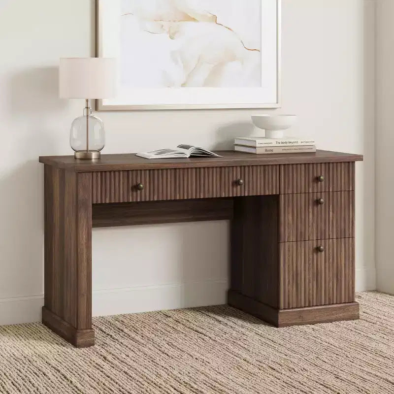 Fluted Home Office Desk Storage, 54 Modern Executive Desk with Charging Station, Wooden Computer Writing Desk with File Drawers for Study Room