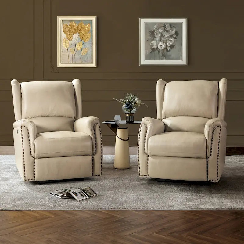 Genuine Leather Power Recliner with USB Port 鈥?Wingback Nailhead Set of 2