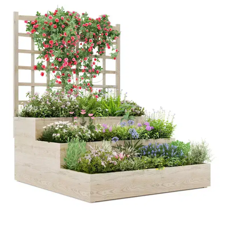 3-Tier Raised Garden Bed with Climbing Trellis, Wood Garden Planter Box with Open Base for Vegetables, Herbs, Flowers, Outdoor Patio Backyard Yard