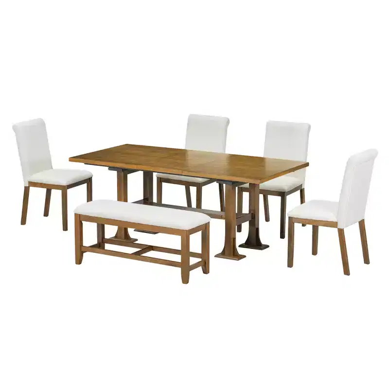6 Pieces Dining Table Set with Bench for 6, Kitchen Table Set with Storage Drawer and 4 Upholstered Dining Chairs
