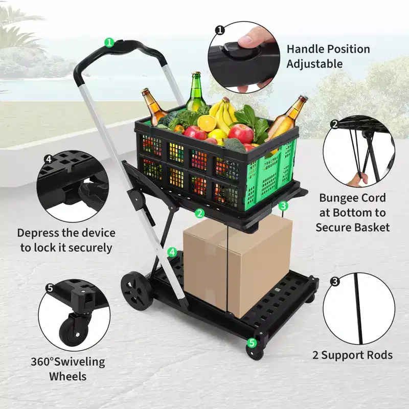 2 Tier Folding Shopping Carts for Groceries, 198 LB Capacity, Collapsible Portable Grocery Cart with Wheels & Removable Crate for Mall Market, Blue