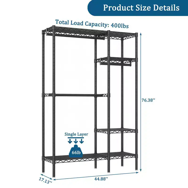 Okak Heavy Duty Storage Rack with 6 Adjustable Wire Shelving, Freestanding Coat Rack with 3 Clothes Rails, Hall Tree for Living Room, Bedroom, Black