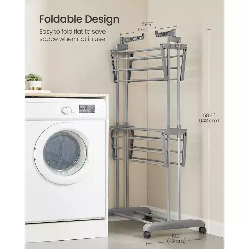 3-Tier Foldable Laundry Drying Rack, 58.3-Inch Tall with Wheels, 55lb Capacity, Rolling Clothes Horses, Indoor Outdoor Use, Dove Gray