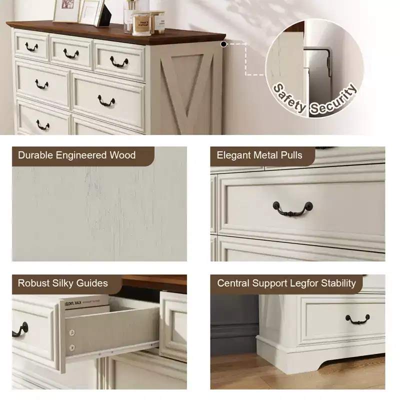 9 Drawer Farmhouse Dresser, Rustic Chest of Drawers with Ample Storage, Solid Wood Look & Metal Handles, Bedroom Clothes Organizer