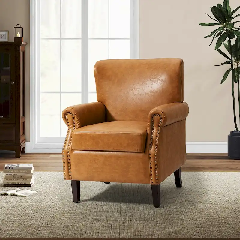 Transitional Leather Armchair with Nailhead Trim Rolled Arms