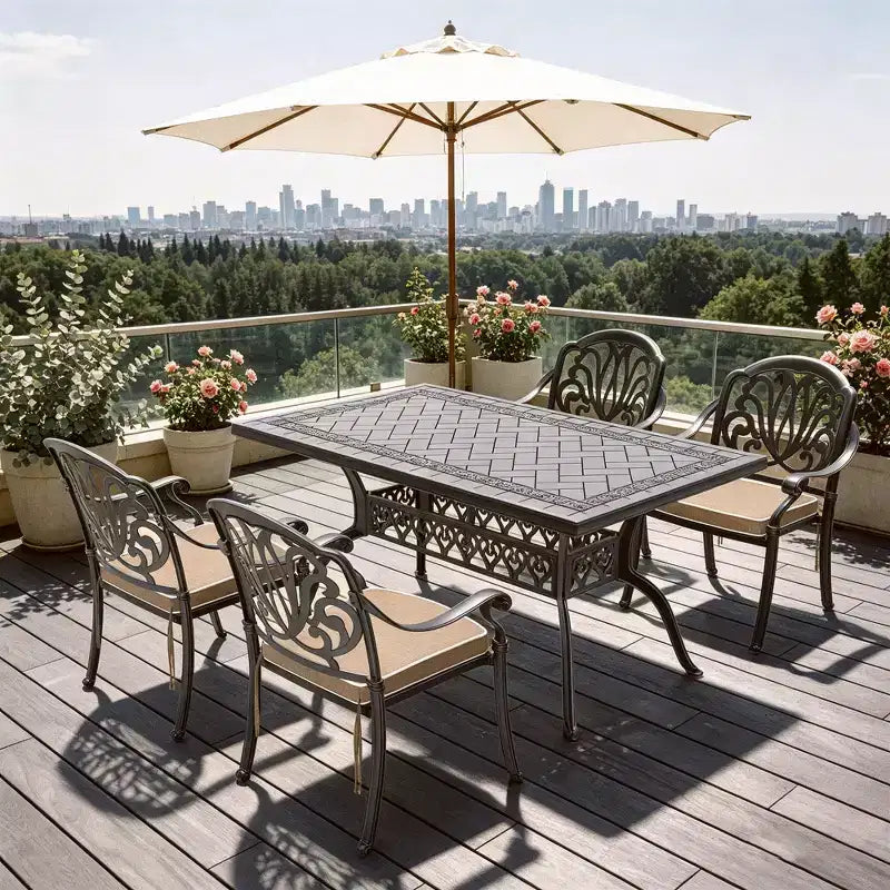 5-Piece Rectangular Cast Aluminum Patio Dining Set for Outdoor Backyard Garden Deck Poolside with Cushions