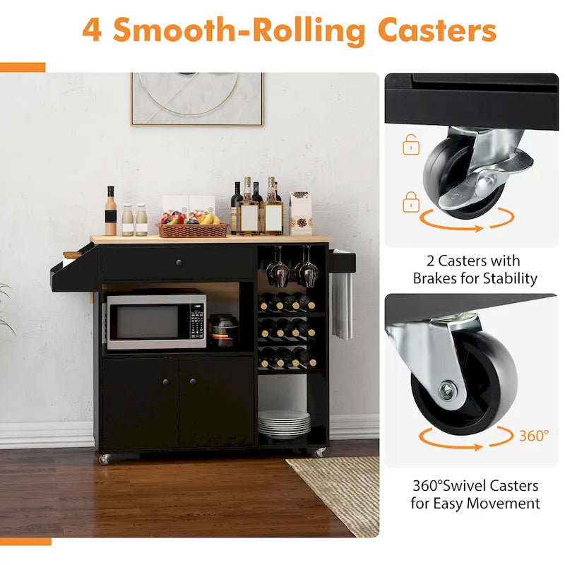 Kitchen Island Cart – White / Brown / Black, Drop-Leaf, Power Outlet, Wine Rack, Microwave Shelf, Casters