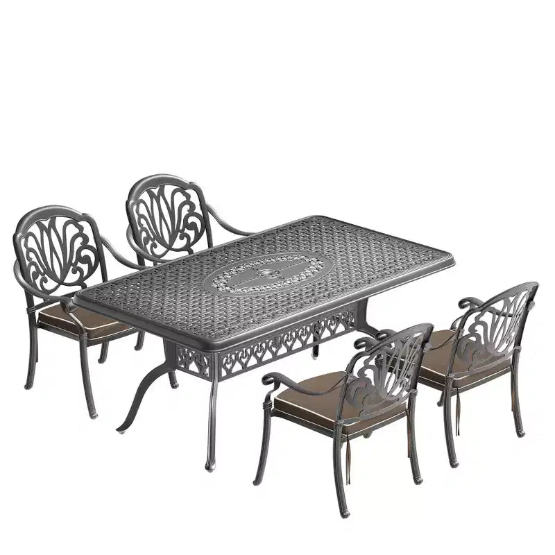 5-Piece Rectangular Cast Aluminum Patio Dining Set for Outdoor Backyard Garden Deck Poolside with Cushions