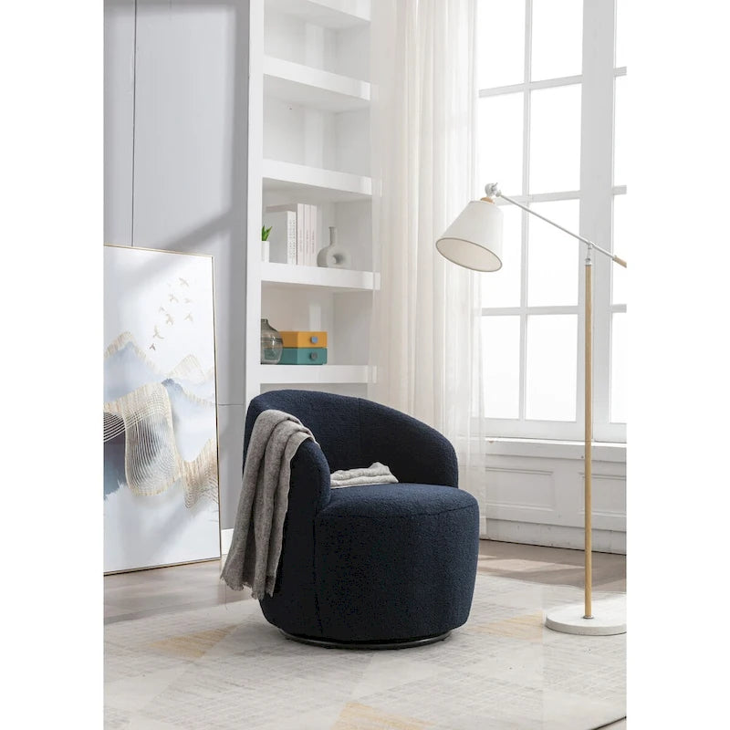 Swivel Accent Armchair Teddy Fabric Upholstered Barrel Chair with Black Point Round Swivel Metal Base