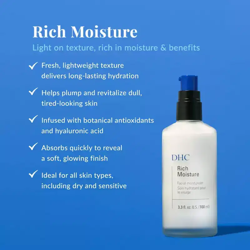 DHC Rich Moisture Lightweight Facial Moisturizer - 3.3 fl oz: Deep Hydration with Vitamin E & Olive Oil, Unscented