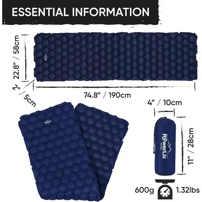 PowerLix Ultralight Sleeping Pad with Inflating Bag, Compact Hiking & Camping Mat