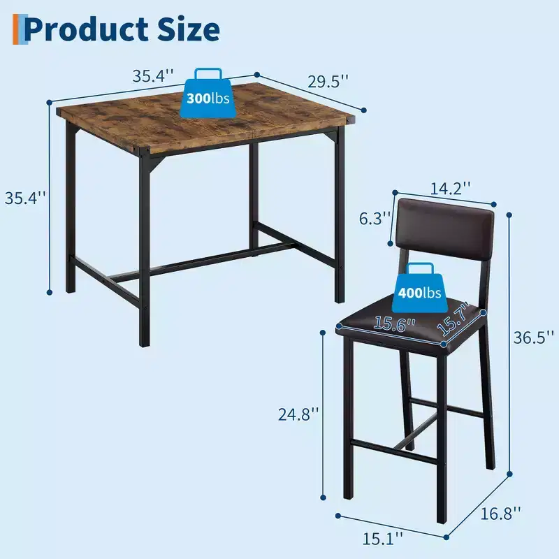 Dining Table Set for 4, 5-Piece Kitchen Table Set, Footrest, Corner Protector, Counter Height Table, 2 Upholstered Bar Stools, for Kitchen