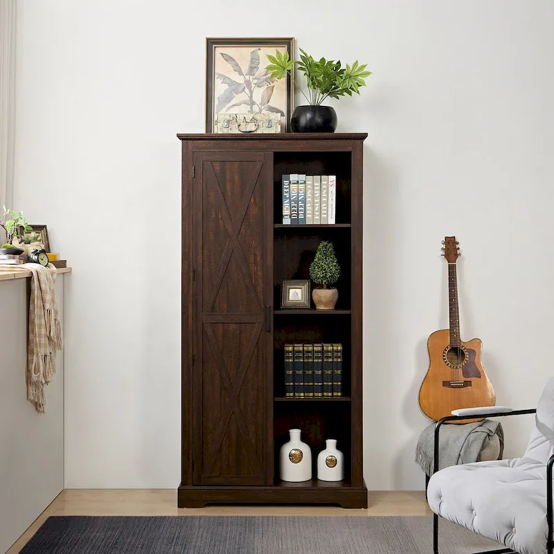 Rustic Barn Door Storage Cabinet Pantry Cupboard with Adjustable Shelves