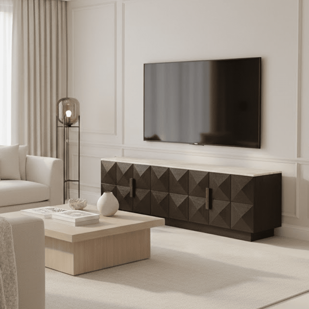 Deep Brown 4 Door TV Unit with Travertine Top