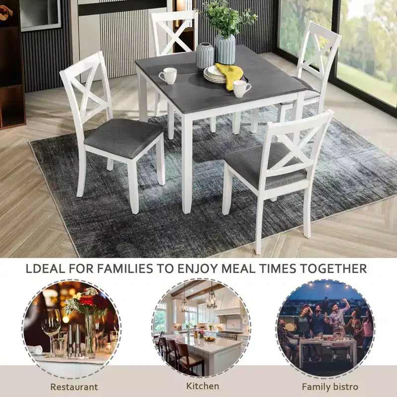 MAYEERTY 5-Piece Modern Dining Set, Wood Table with 4 Chairs, Grey & White Two Tone
