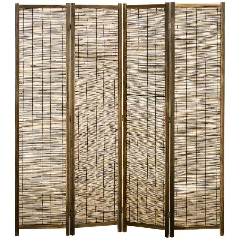 5.5' Tall Room Divider with Wood & Hand Woven Reed, 4 Panel Folding Privacy Screens, Portable Partition Wall Divider