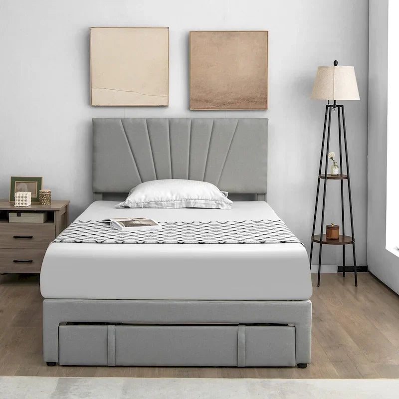 Linen Platform Bed Frame – Grey, Adjustable Headboard, 1 Pull-Out Drawer, Full / Queen, Sleeps 1