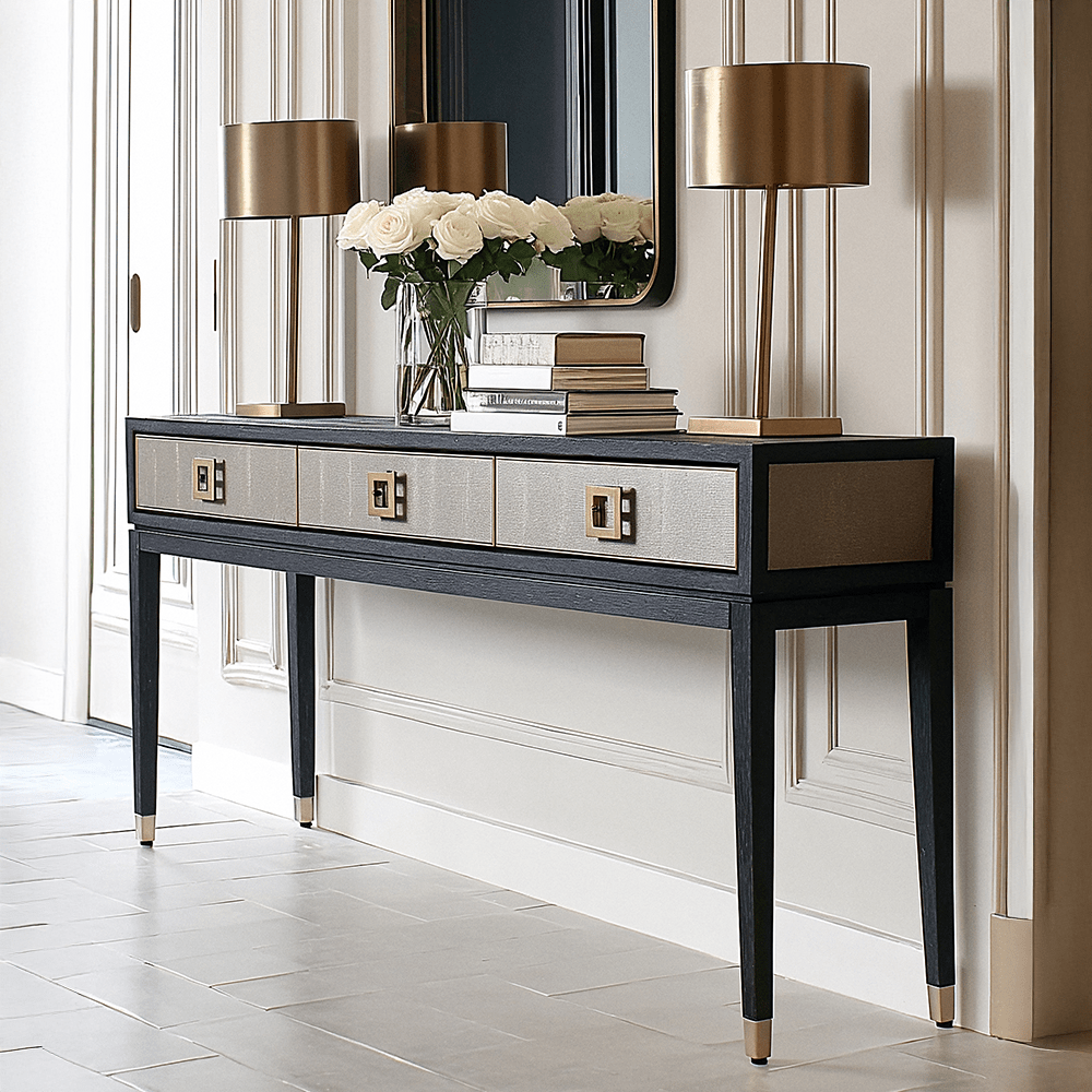 Black Wood & Shagreen 3 Drawer Console Table with Brass Handles