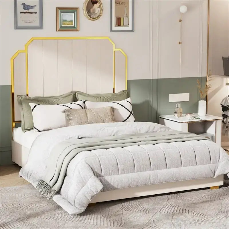 Queen Velvet Platform Bed – Gold + Creamy White / Black / Blue, Channel Headboard, 4 Storage Drawers, Sleeps 1